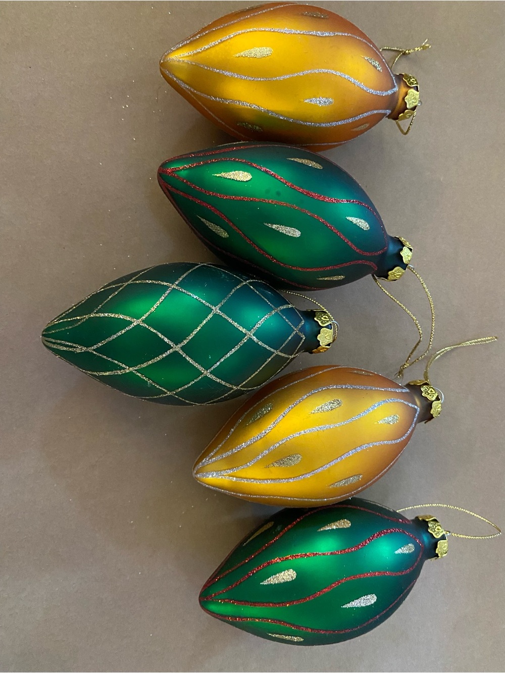 Festive Green and Gold Glitter Large Teardrop Ornaments Set of 5 Beautiful